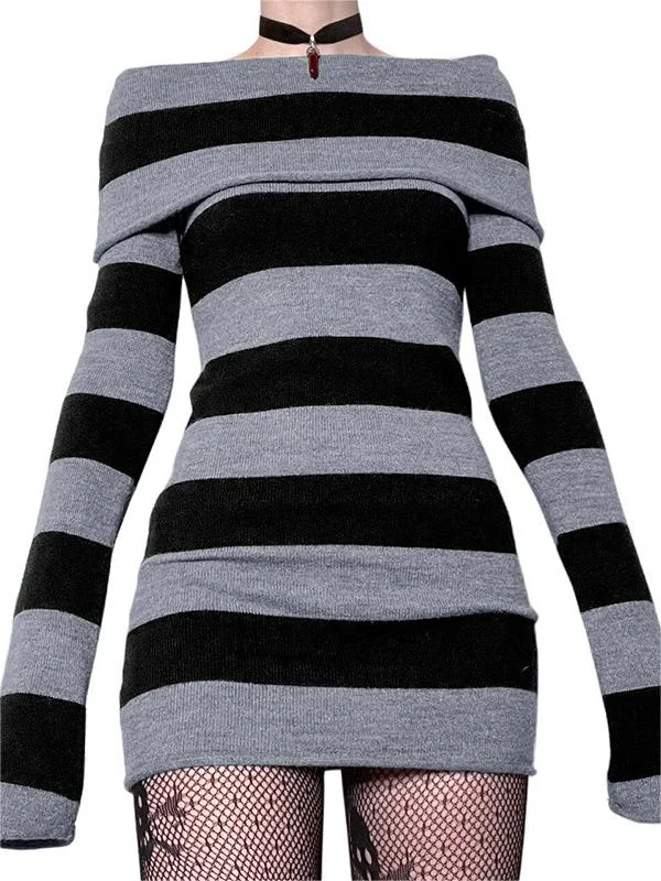Brownm long-sleeved knitted mini dress with stripes