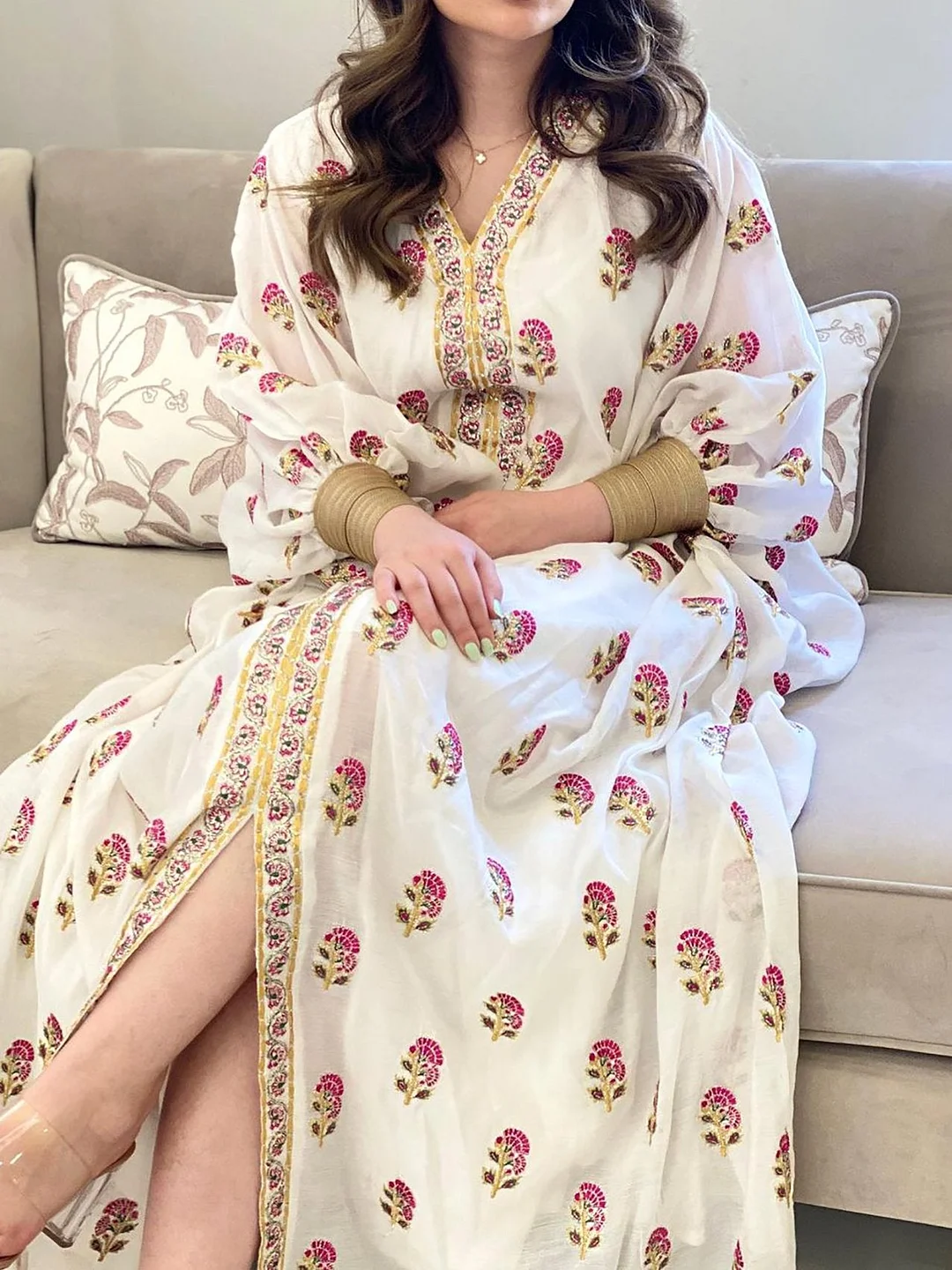 Red Plants Pattern Loose Kaftan Dress
