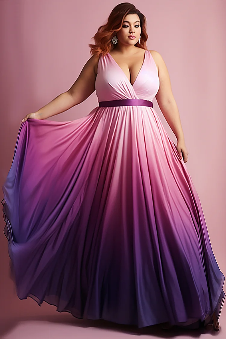 Xpluswear Design Plus Size Prom Elegant Purple Gradient V Neck Satin