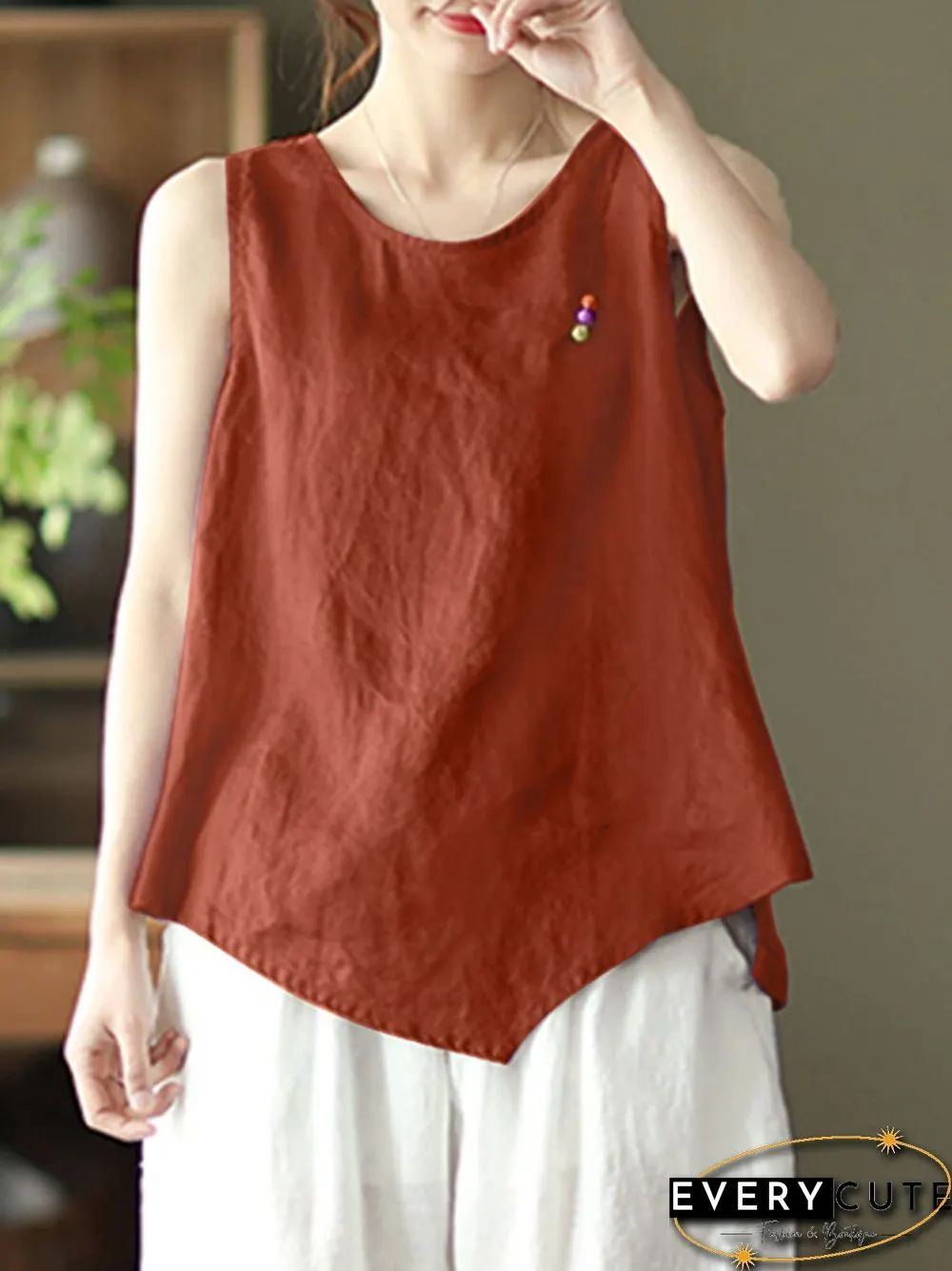 Solid Frog Sleeveless O-neck Women Vintage Tank Top