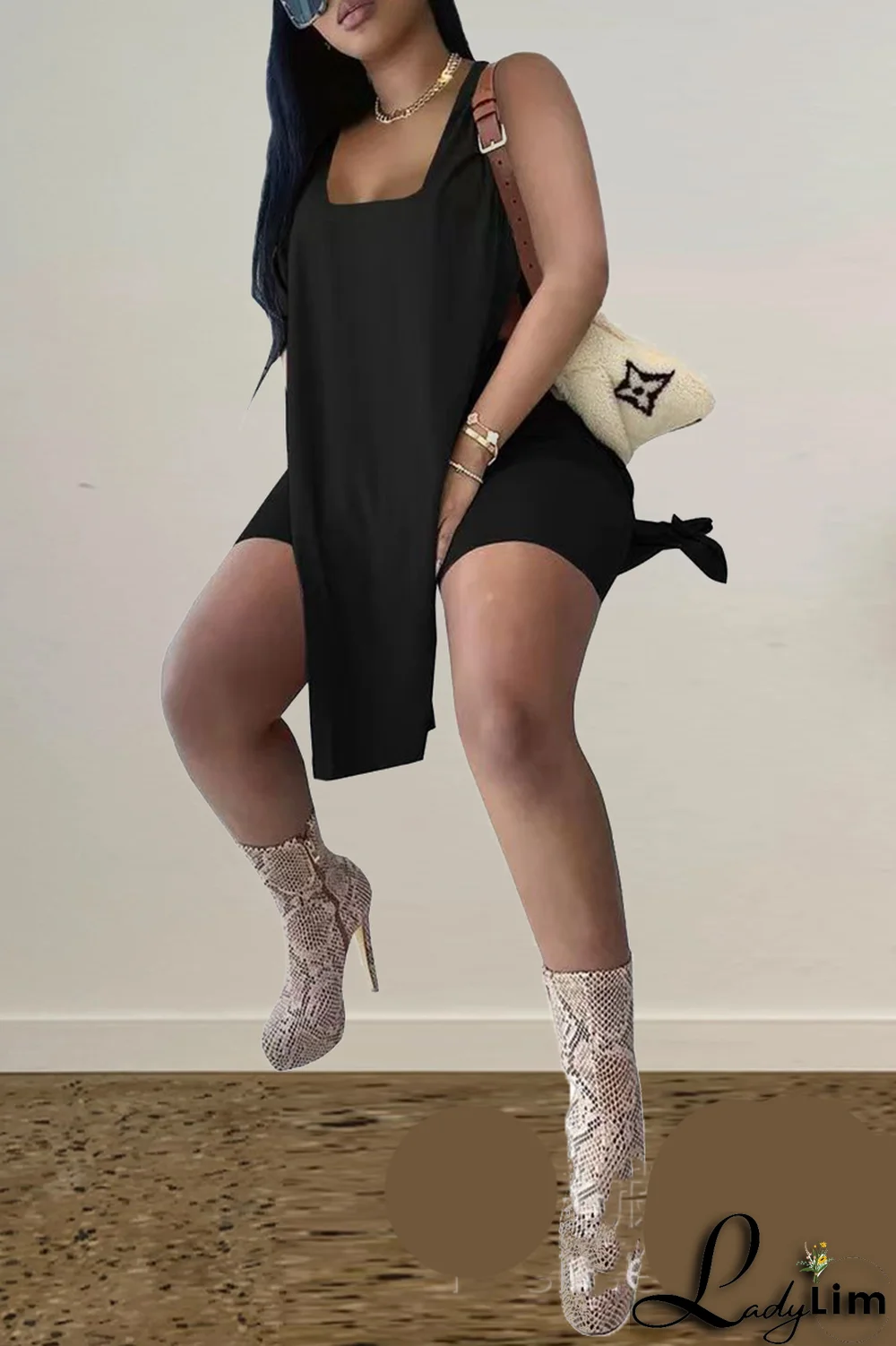 Black Casual Solid Slit Square Collar Sleeveless Two Pieces