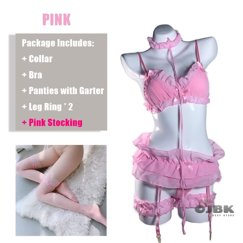 Sexy Pink Lingerie Set Cute Ruffles Costumes Lolita Women Erotic Lace Ladies Kawaii Soft Girl Pajamas Cosplay Outfit Underwear