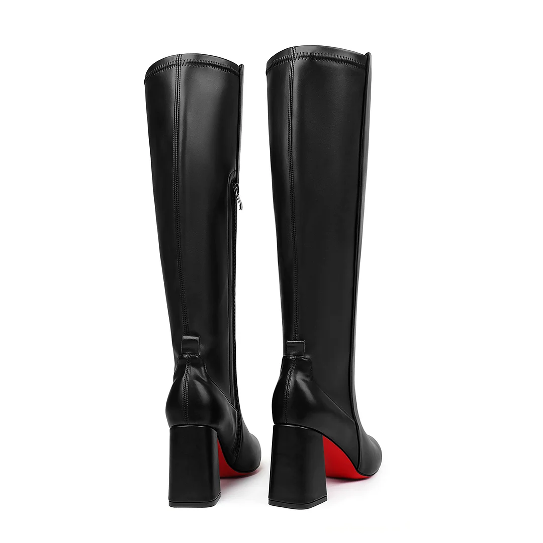 85mm Women's Chunky Heels Knee Boots Red Bottom Black Matte Knee Boots-MERUMOTE