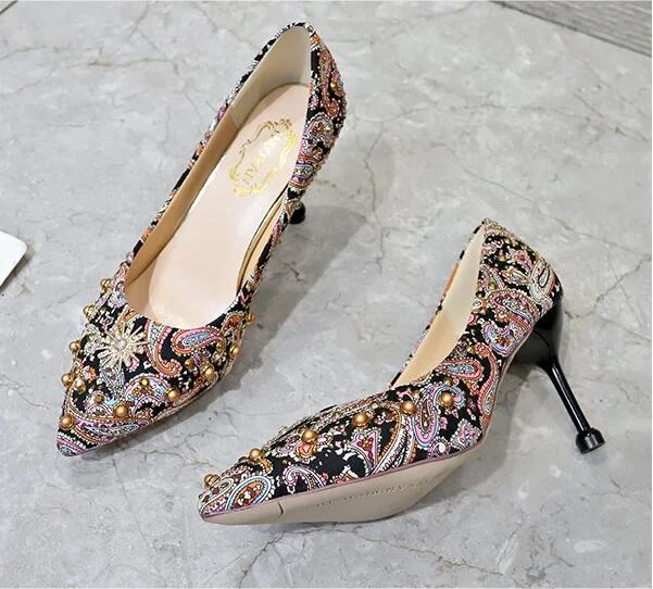 glitter crystal metal snow rivets single shoes red/black women wedding shoes pointed toe thin high heels slip on pumps stilettos