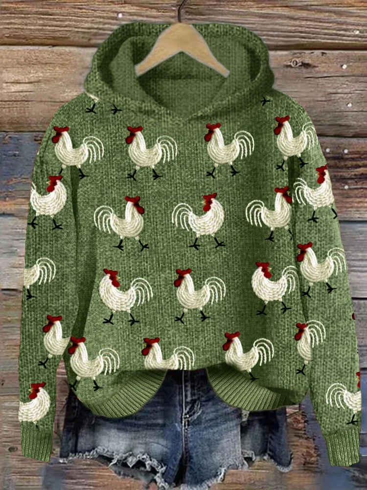 Roosters Embroidery Pattern Cozy Knit Hoodie
