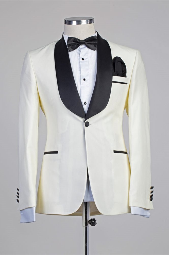 Ivory Slim Fit One Button Classy Wedding Suits with Black Lapel | Ballbellas Ballbellas
