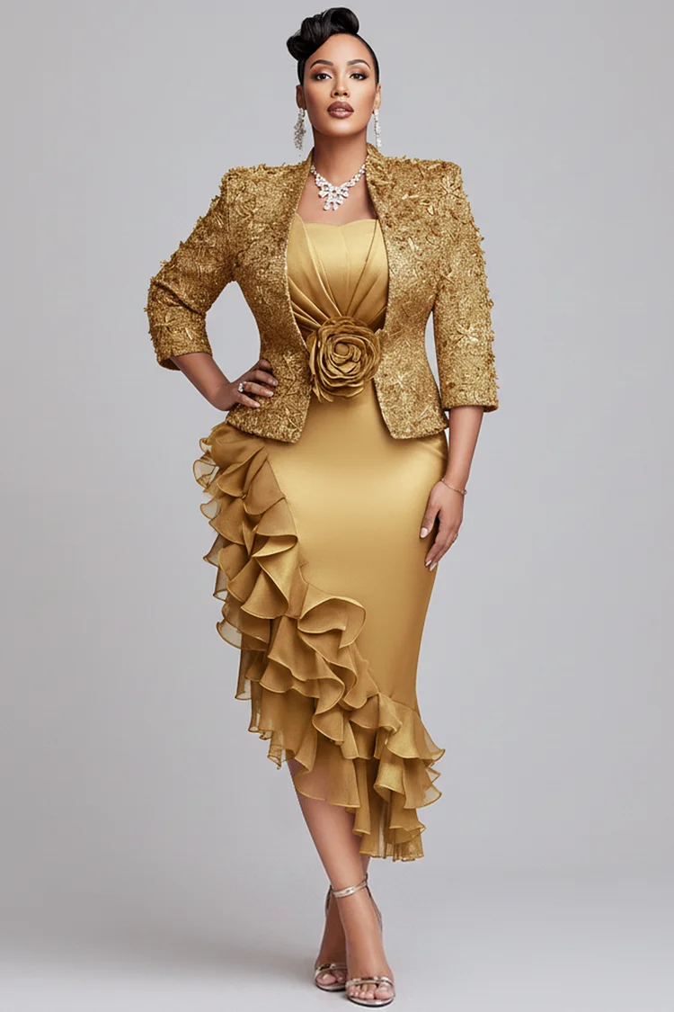 Xpluswear Design Plus Size Churchs Gold 3/4 Sleeve Ruffle Elegant 3D Two Piece Dress Set 2024 - Xpluswear