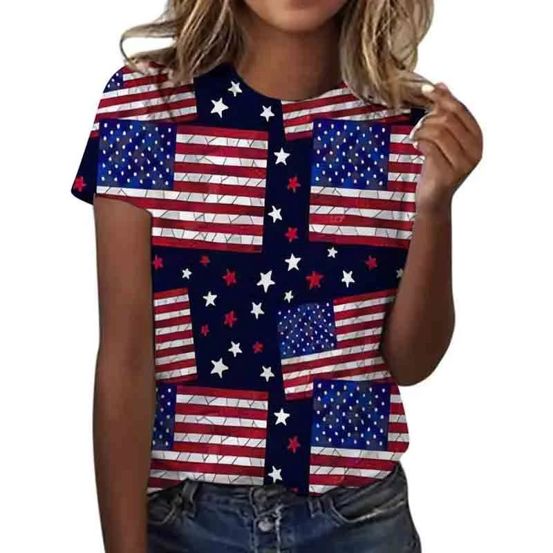Women's Flag Themed Round Neck Short Sleeved Loose Printed T-shirt
