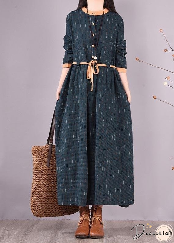 Women Blue Striped Quilting Clothes O Neck Tie Waist Long Spring Dresses