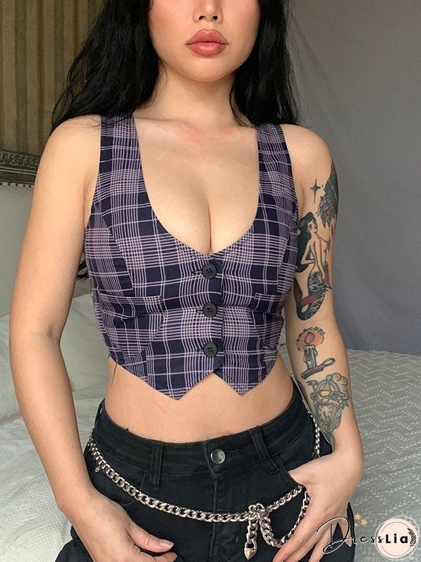 Vintage Plaid U-Neck Vest