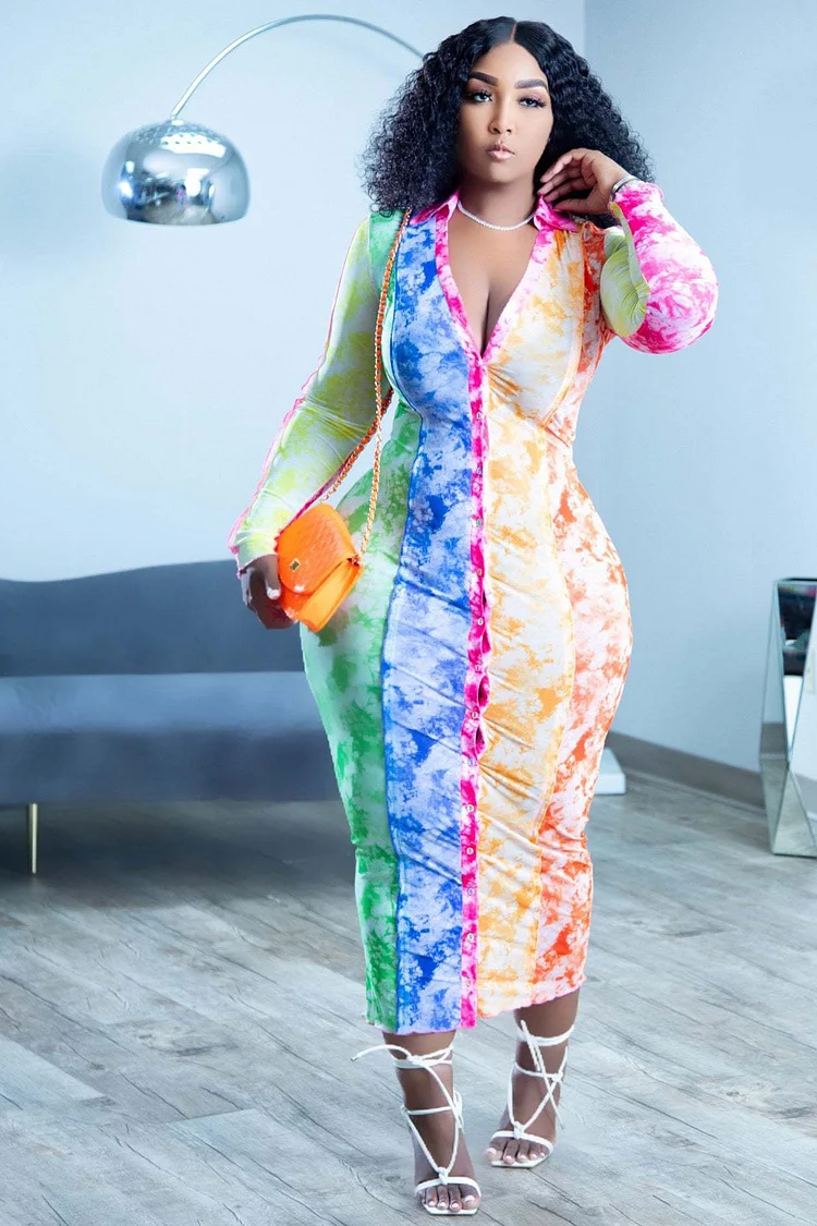 Rainbow Patchwork Print Long Sleeve Button Up Slim Midi Dress