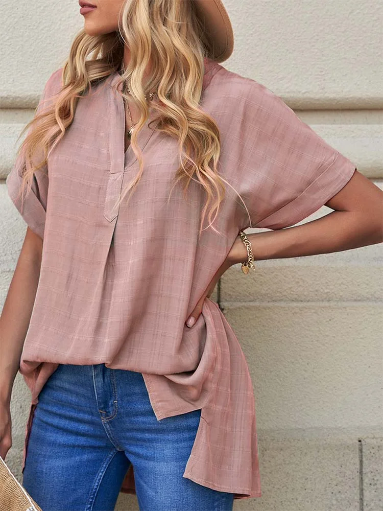 Summer Plaid Blouses For Women Fashion V Neck Short Sleeve Loose Office Work Lady Shirts Tops Oversized Elegant Casual Blouse