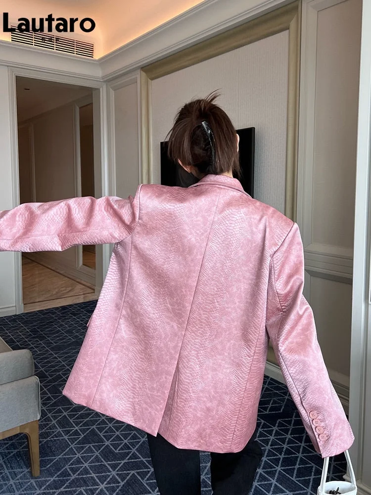 Huiketi Spring Autumn Cool Pink Crocodile Print Pu Leather Blazer Jacket Women Loose Casual Chic Korean Fashion Long Sleeve 2023