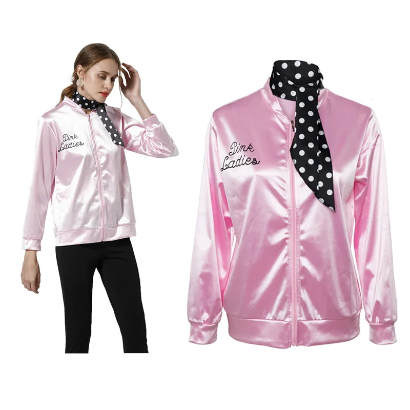 Movie Grease Pink Ladies Silks And Satins Jacket Coat Outfits Cosplay Costume Halloween Carnival Suit