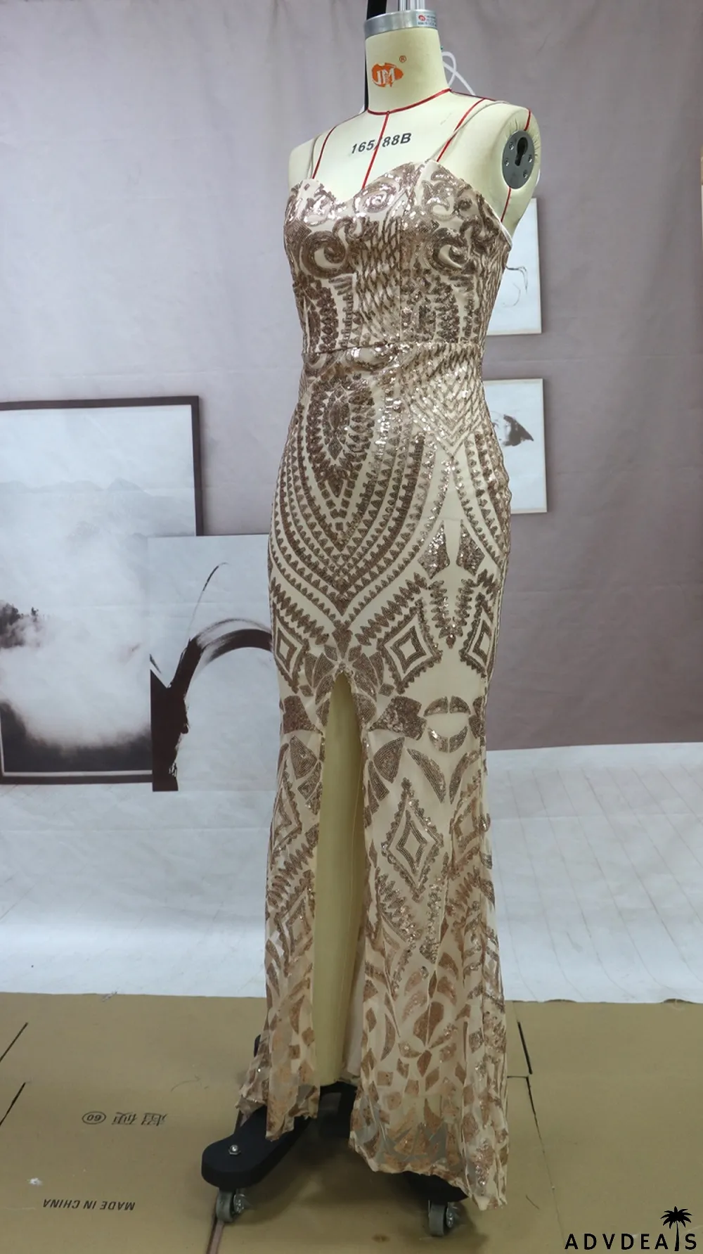 Spring Women Sexy Golden Sequins Straps Slim Slit Mermaid Evening Dress