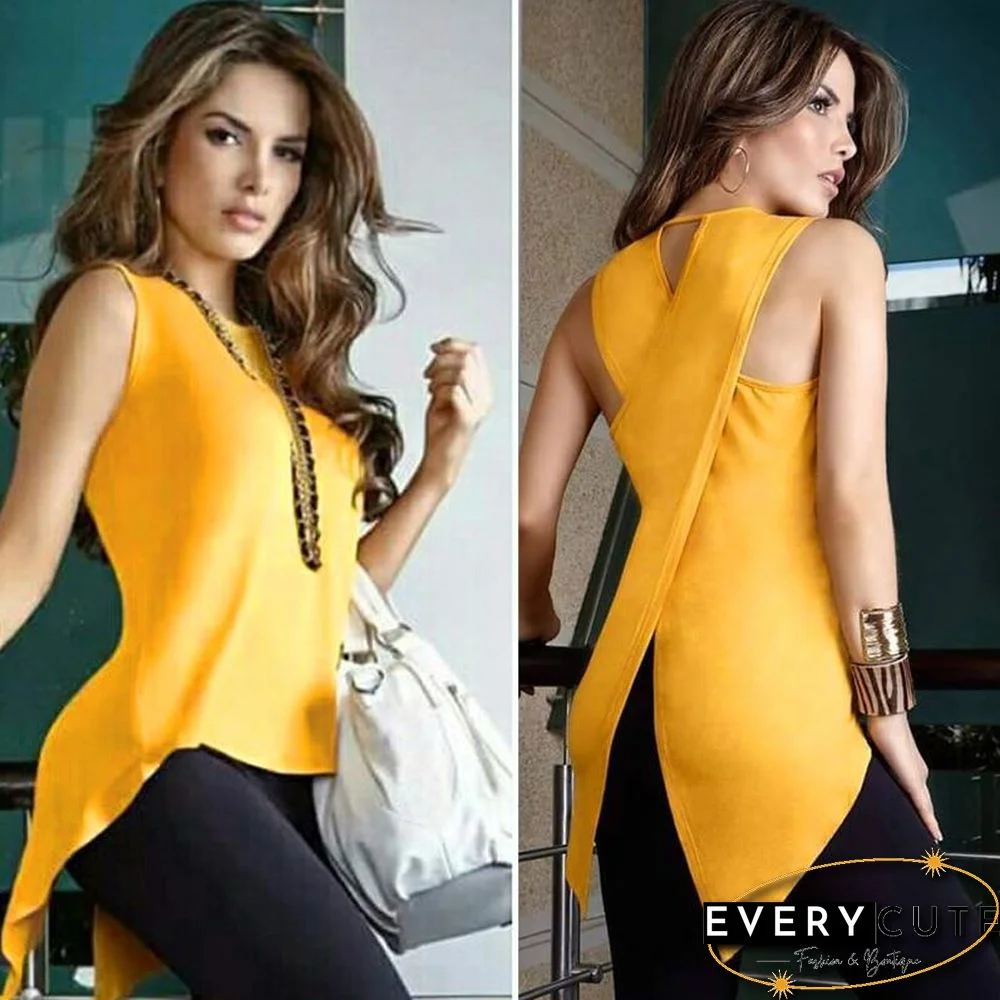 Women Cross Irregular Sleeveless Backless Tops and Blouses