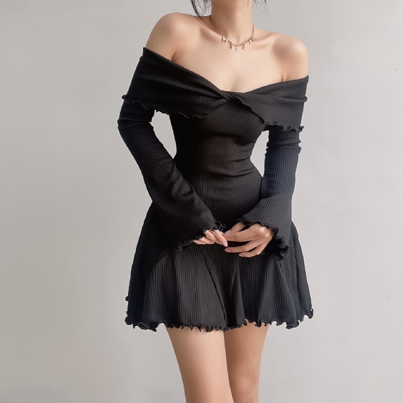 Ootddress Black Knit Ruffled Mini Dress Women Patchwork Off-Shoulder Loose Slim Fashion Ribbed Dress Knitwear Clothes Female Dress