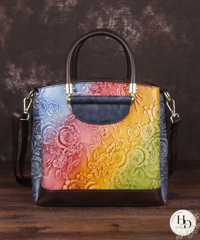 Retro Brown Embossing Paitings Calf Leather Messenger Bag