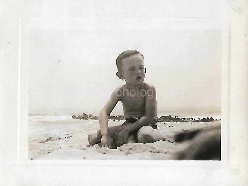 1940's Beach Boy FOUND Photo Poster painting bw NEW JERSEY SHORE Original Snapshot 19 8 I