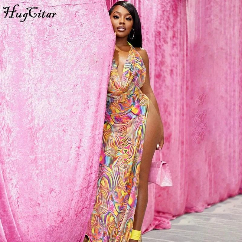 Hugcitar 2021 Sleeveless Halter Slit Bandage Backless Irregular Bodycon Dress Summer Sexy Women Streetwear Y2K Party Club