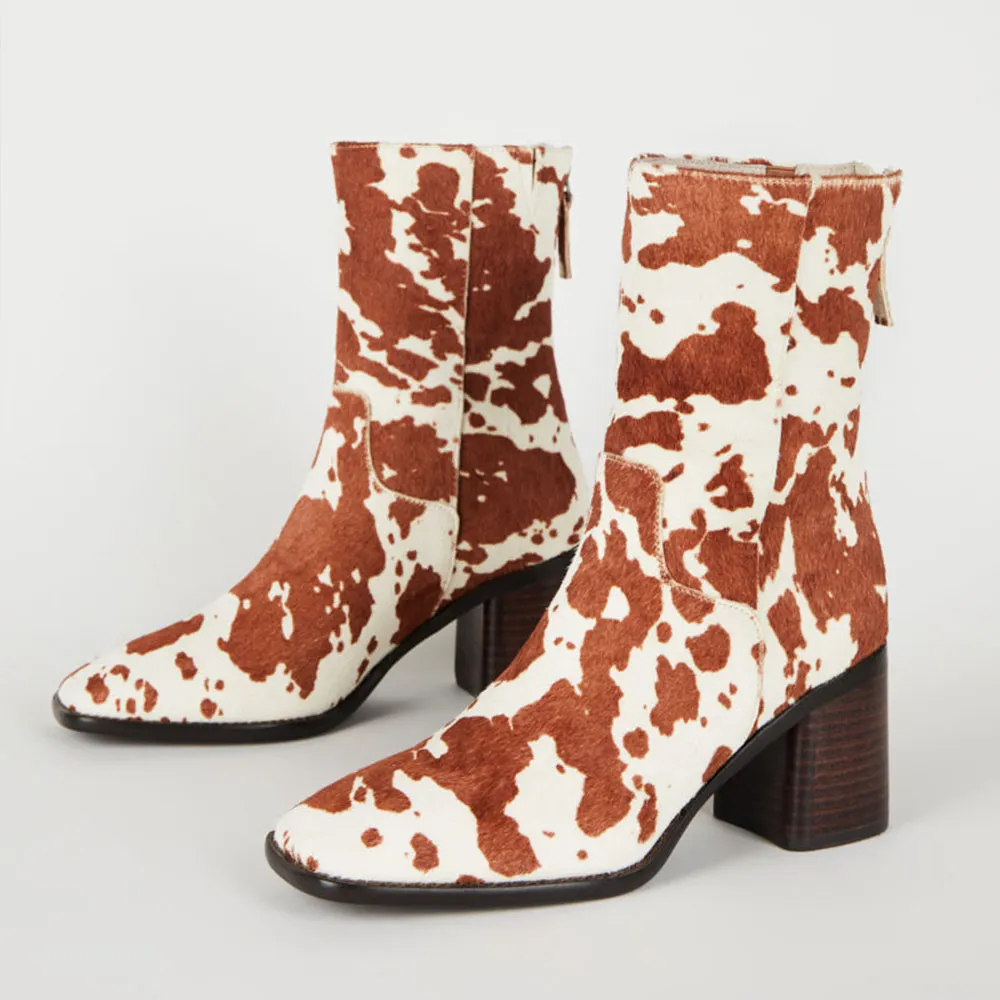 White & Tan Square Toe Block Heel Zipper Short Boots for Women