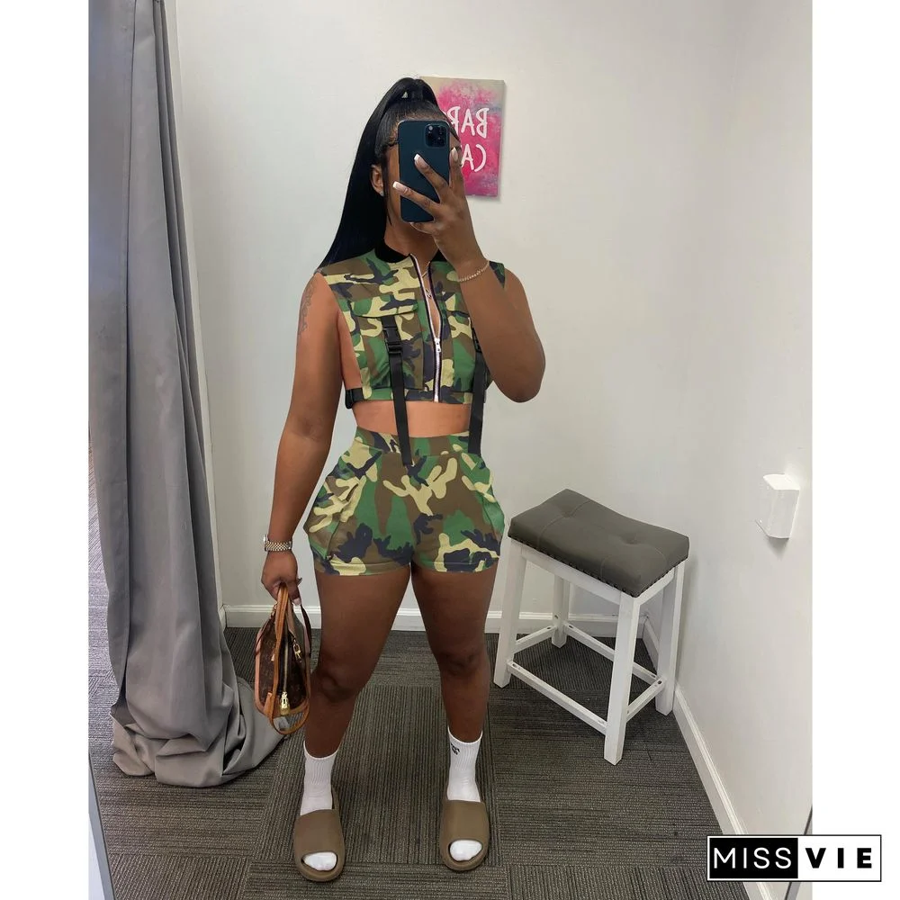 Camo Print Buckle Pockets Vest Jacket Shorts Suit