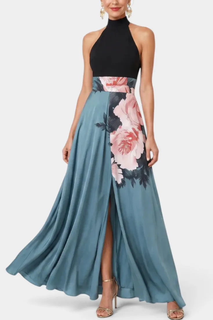 Halter Neck Maxi Dress with Floral Panel and Side Slit