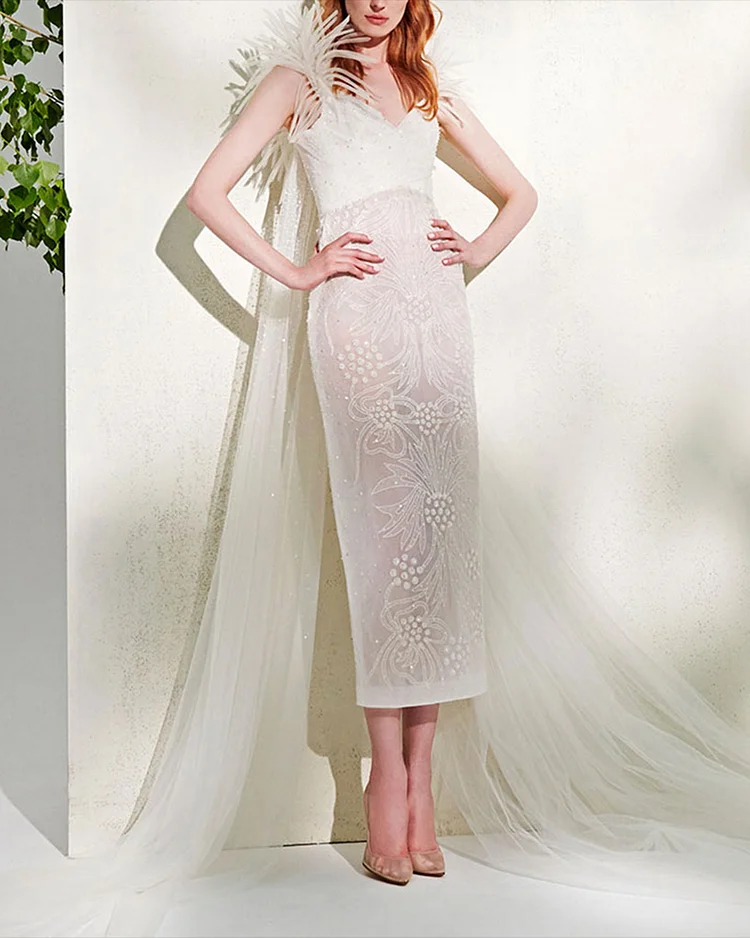 Women's Sleeveless Mesh Sequined Feather Dress