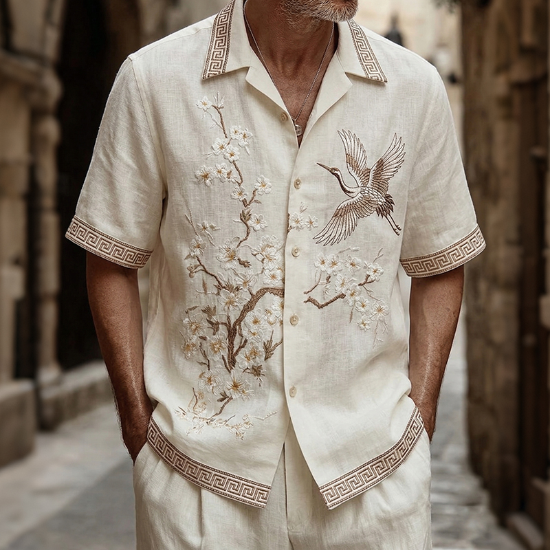 Men's Retro Floral And Bird Art Short Sleeve Shirt elevenforest