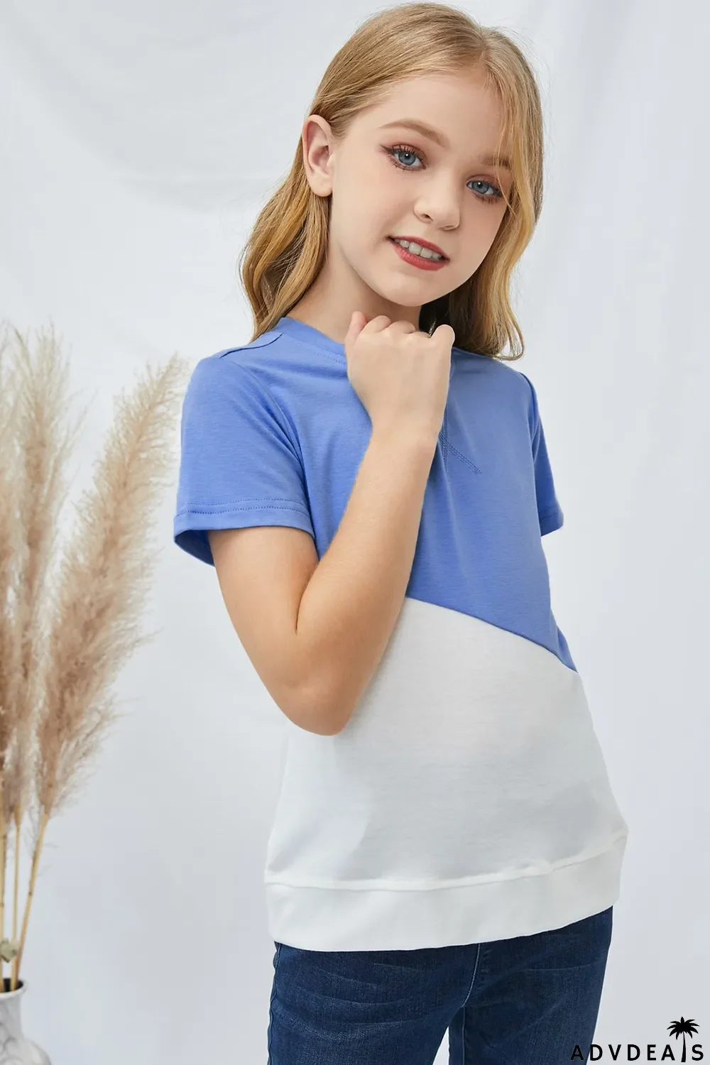 Sky Blue Colorblock Splicing Little Girl Tee