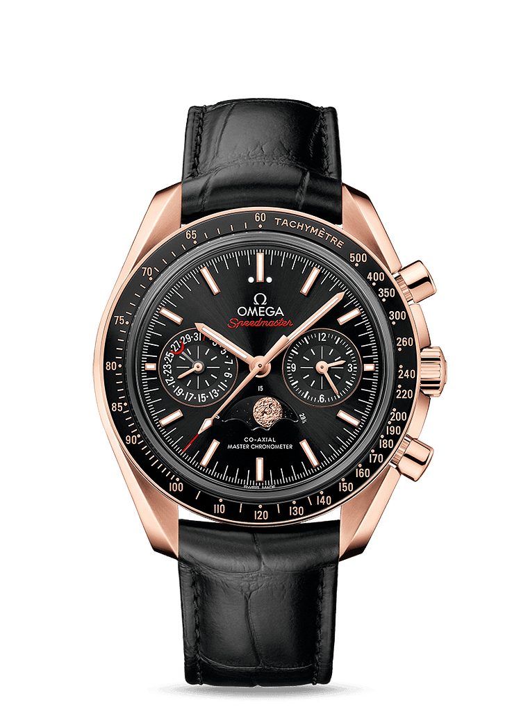 MOONPHASE CO‑AXIAL MASTER CHRONOMETER MOONPHASE CHRONOGRAPH 44.25 MM 304.63.44.52.01.001 FAVOURITES COMPARE Sedna™ gold on Leather strap