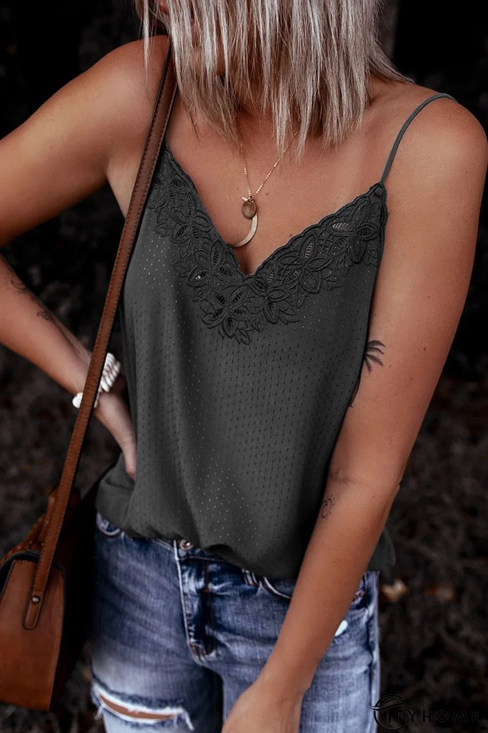 Gray Crochet V Neckline Slip Tank Top | IFYHOME