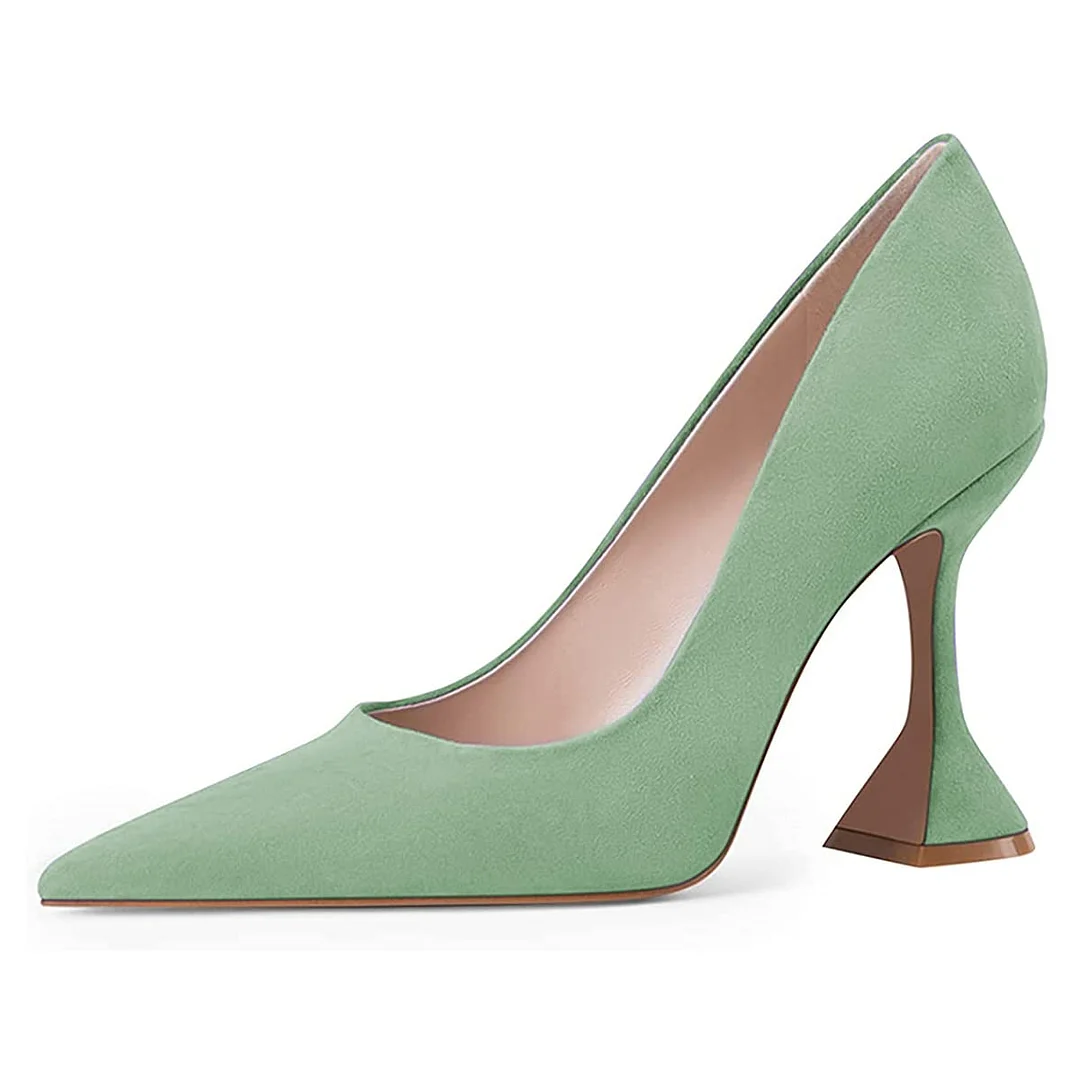 YDN Women's Mint Green Vegan Suede Pumps Heels with Pointed Toe