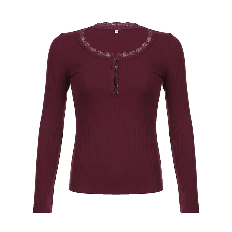 Ueong Trend Red Lace Side Buckle Spliced T-Shirt 2023 New V-Collar Basic Simple Slimming Leisure Bottom Shirt