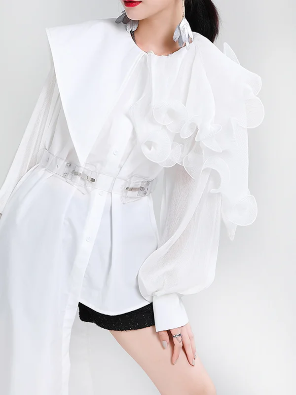 Split-Joint Solid Color Pleated Asymmetric Loose Long Sleeves Falbala Lapel Blouses&shirts Tops