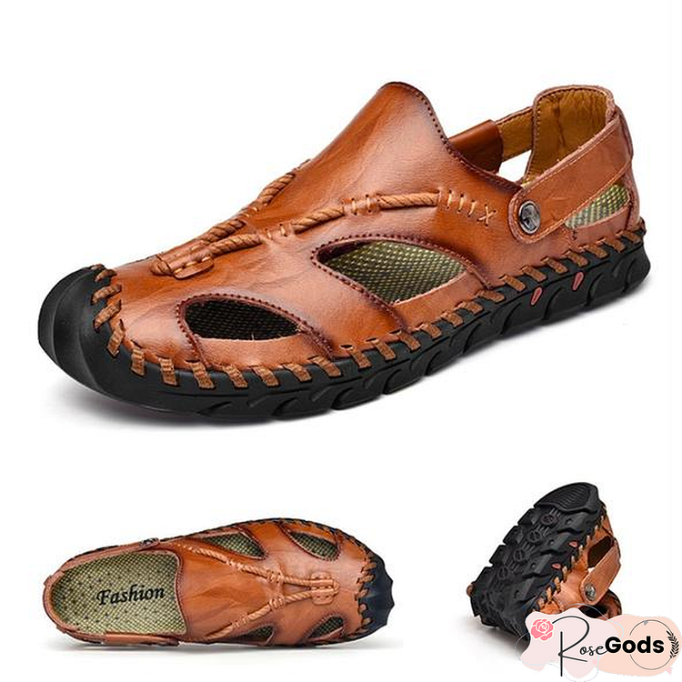 Men's Rome Genuine Leather Sandals Slip On Breathable Beach Sandal Shoes