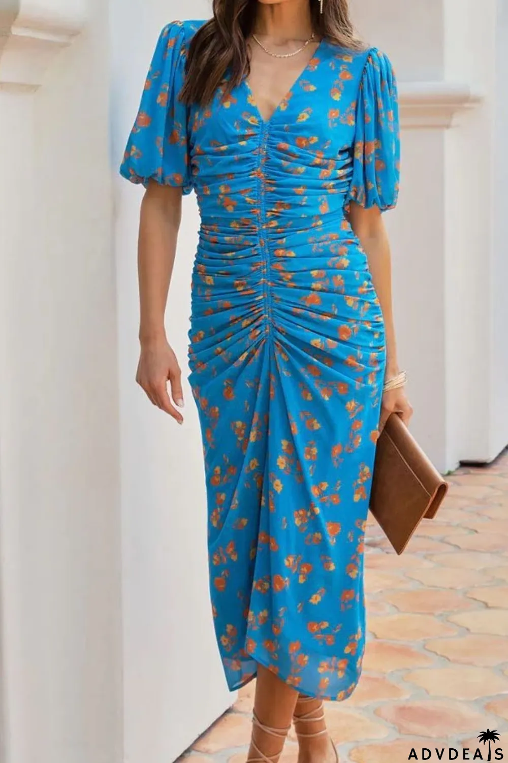 Women's Puff Sleeve Floral Deep V Pleated Fashion Wedding Guest Dress