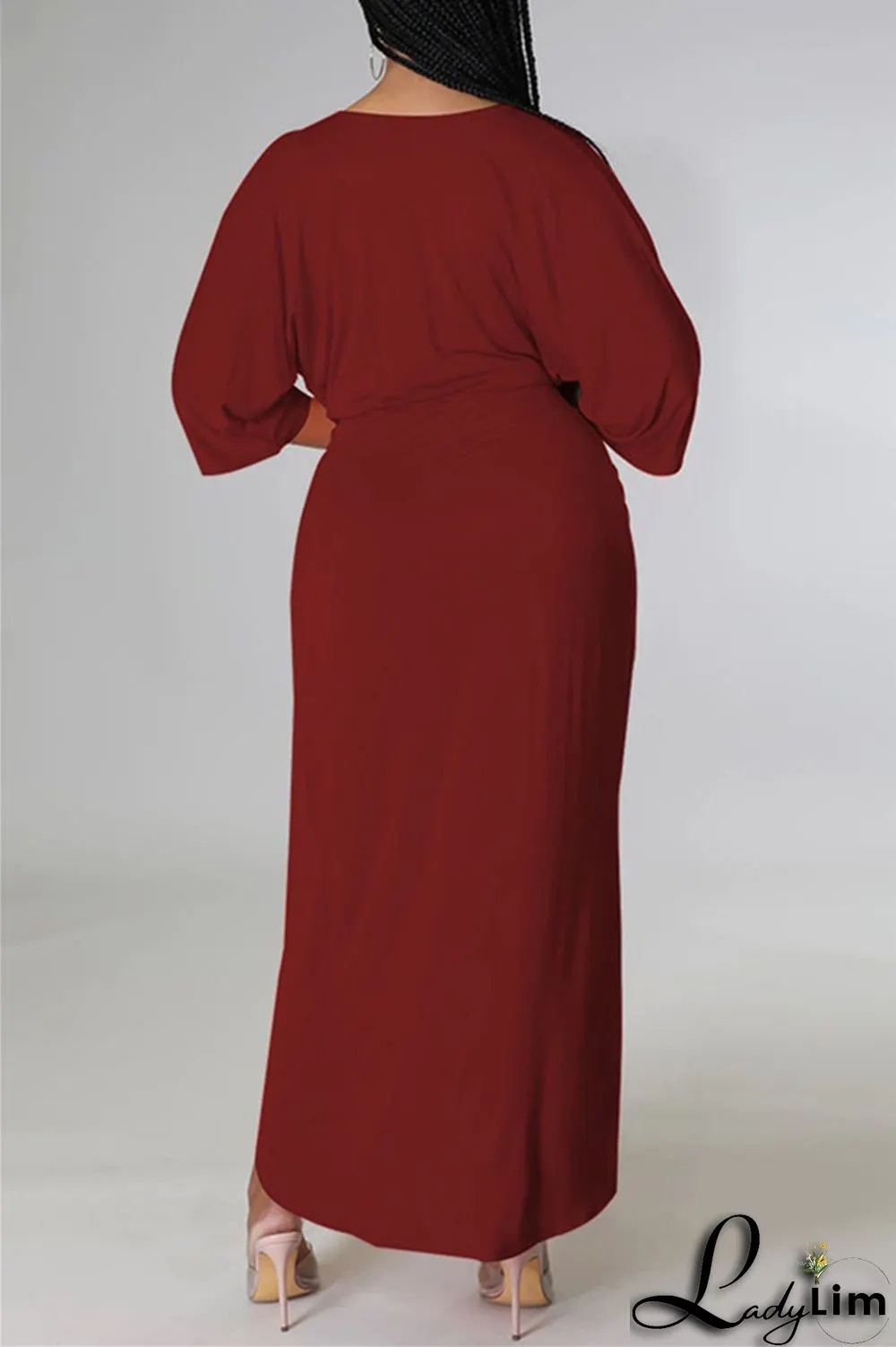 Burgundy Fashion Casual Solid Patchwork V Neck Irregular Dress