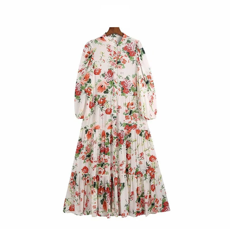 KPYTOMOA Women 2021 Chic Fashion Floral Print Ruffled Midi Dress Vintage Three Quarter Sleeve Button-up Female Dresses Vestidos