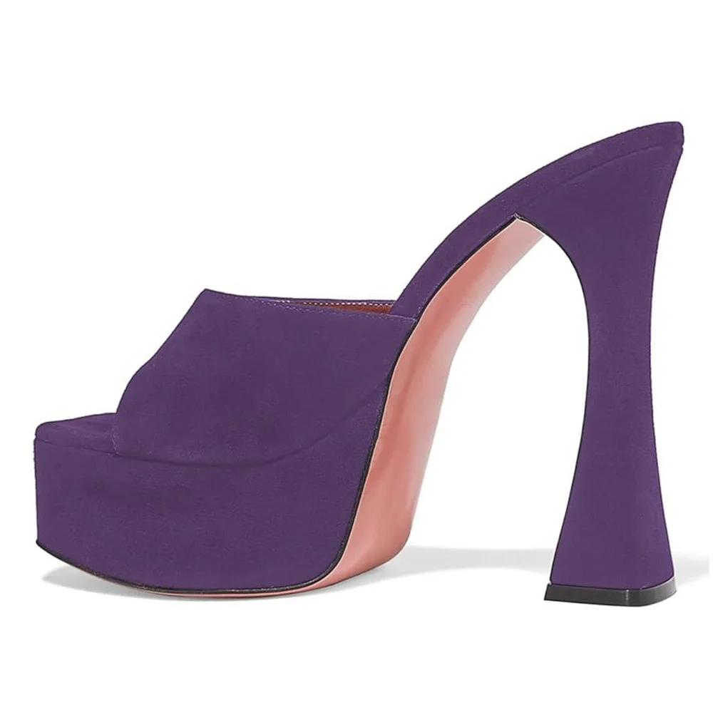 Women's Purple Square Toe Slip On Flared Heel Platform Sandals