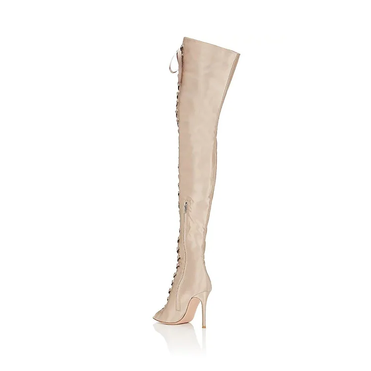 Beige Thigh High Lace up Boots Satin Peep Toe Stiletto Heel Long Boots Vdcoo