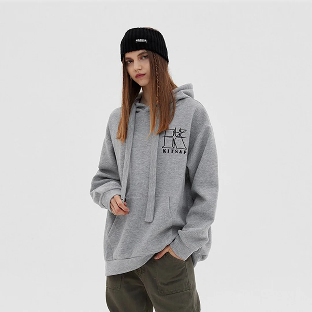 Letter-embroidered wide drawstring hoodie
