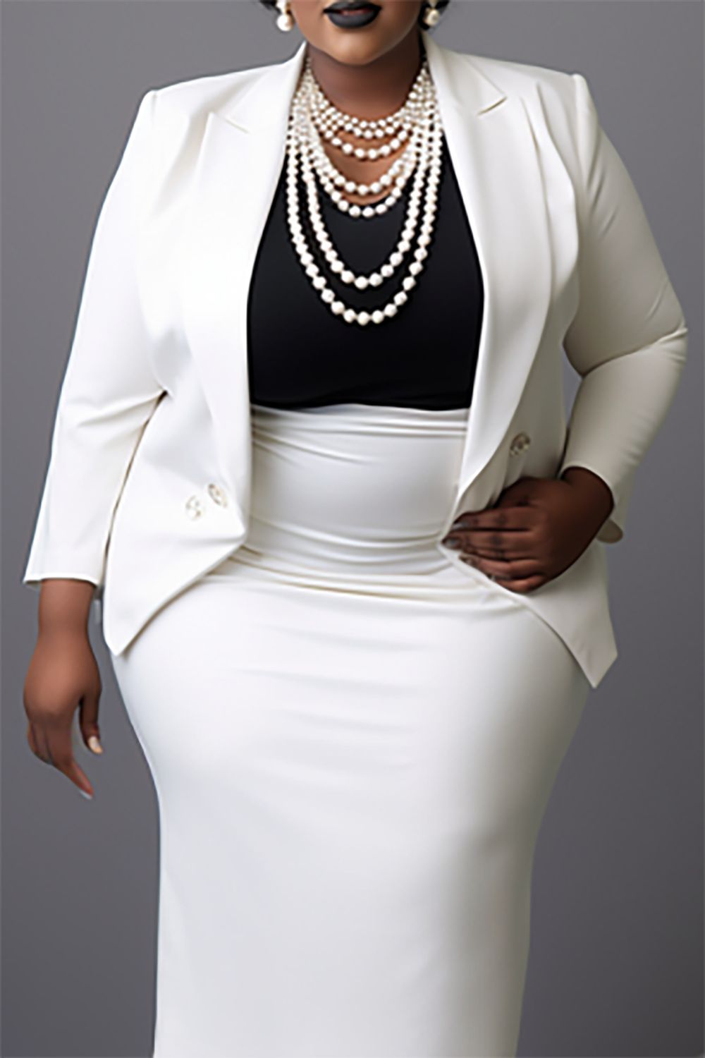 Design Plus Size Semi Formal Elegant White Spring Summer Turndown Collar Long Sleeve Button Blazer Suit Two Piece Skirt Sets [Pre-Order]