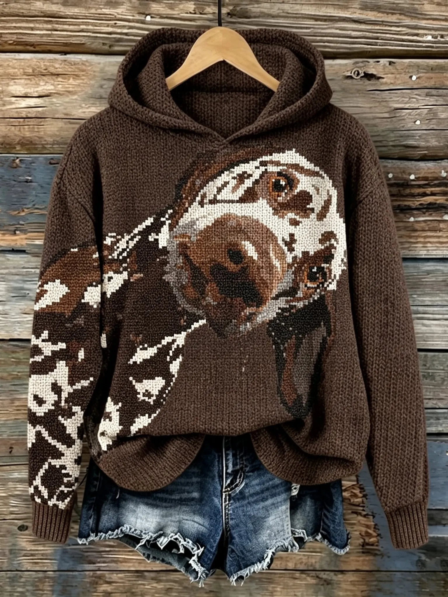 Comstylish Women's Cute Dog-print Hooded Sweater