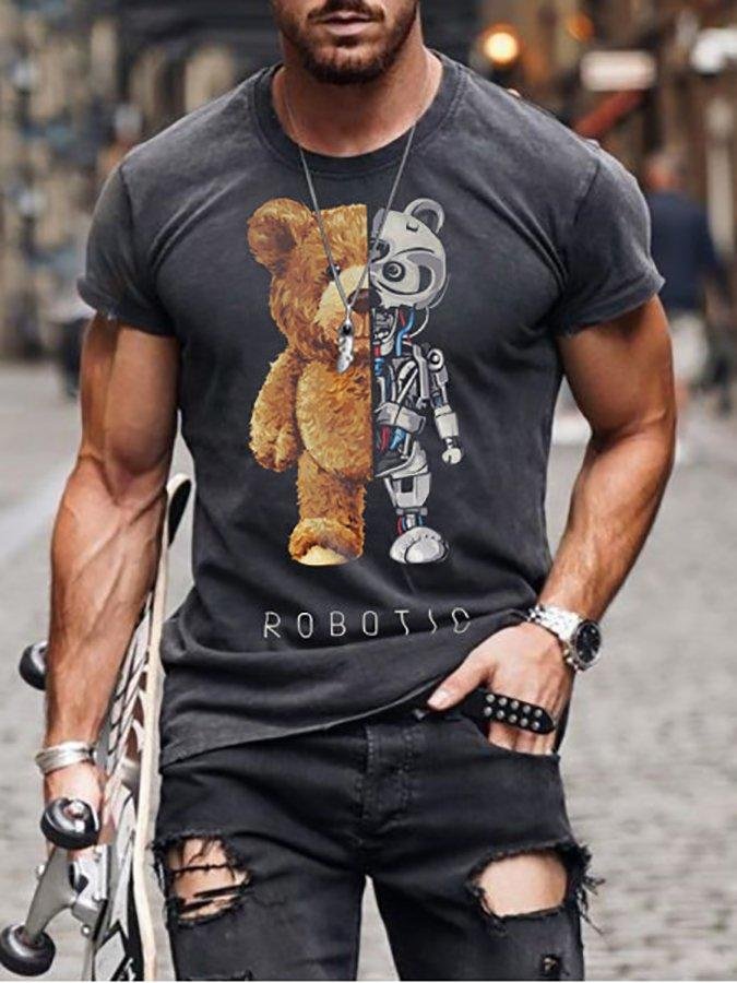 Teddy Bear Fashion Collarless Black T Shirt Short Sleeve 