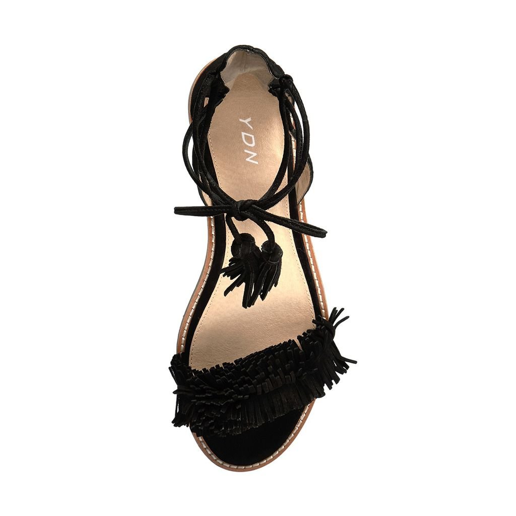 Black Vegan Suede Fringes Open Round Toe Flat Sandals for Women