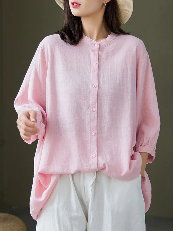 Urban Loose Linen Solid Color Stand Collar Blouse