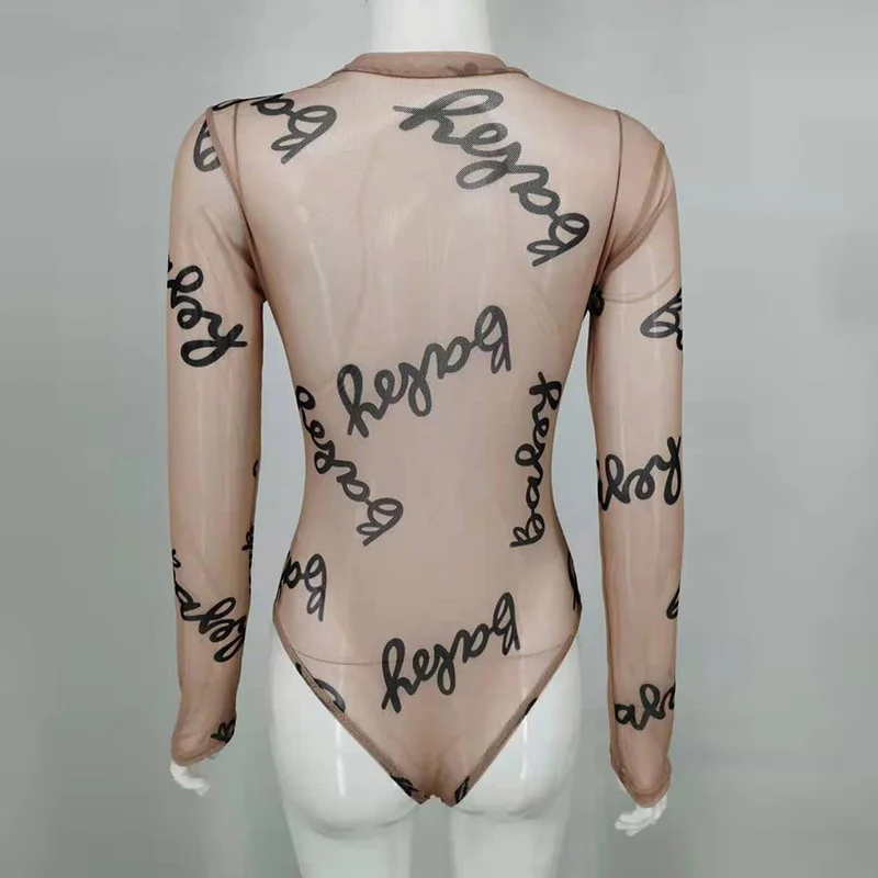 Churchf Churchf Summer New Women's Round Collar Long-Sleeved T-Shirt Perspective Mesh Sexy Slim Jumpsuit