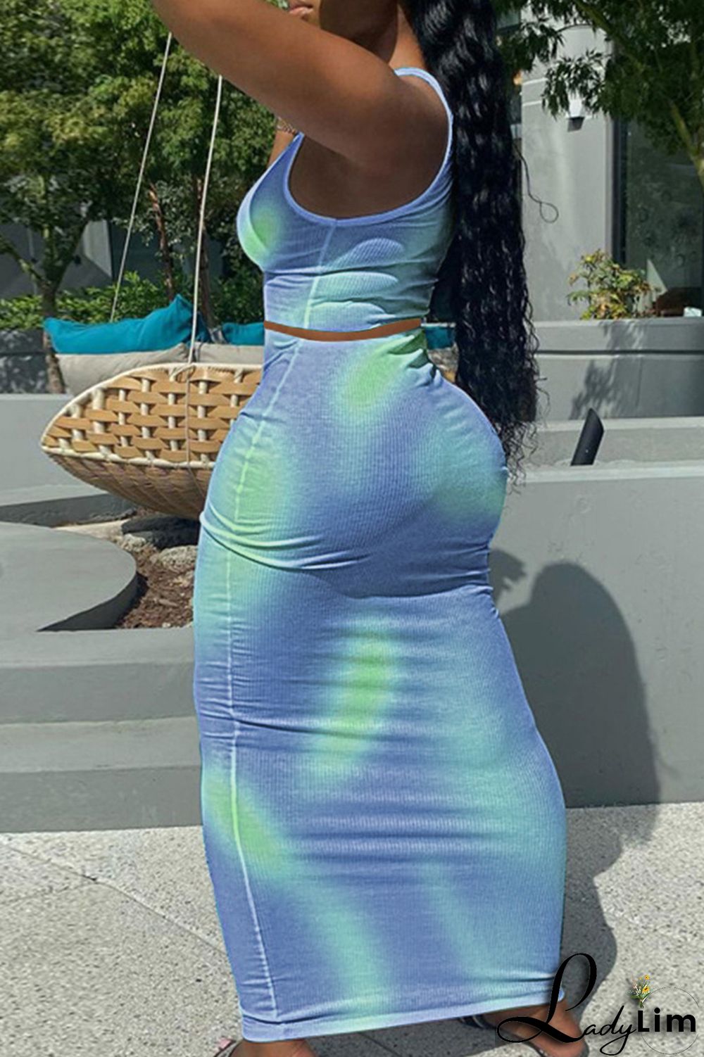 Green Fashion Sexy Print Tie-dye U Neck Sleeveless Two Pieces