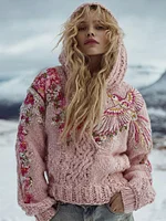 Women's Vintage Pink Rose Birds And Embroidered Knit Hooded Sweater